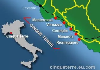 Map showing the Cinque Terre villages along the Ligurian coast