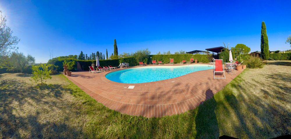 Panoramic swimming pool surrounded by olive trees and cypress hills at Podere Settefrati Tuscany