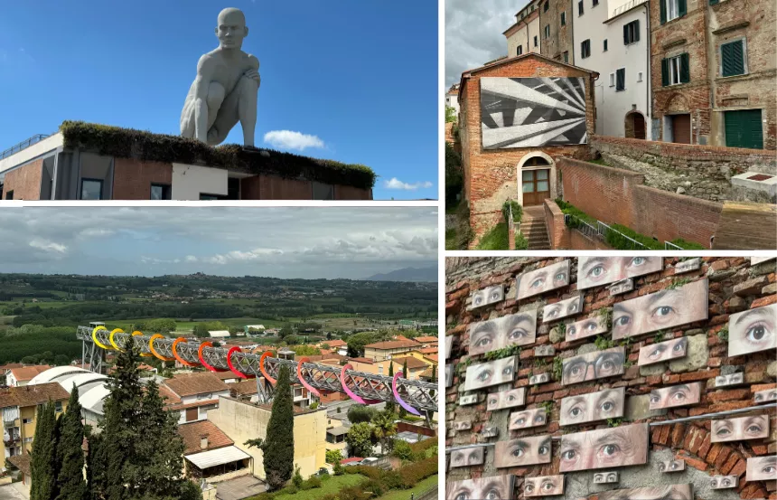Contemporary statue overlooking the Tuscan hills in Peccioli