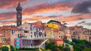 Sunset panoramic view of Peccioli historic village in Tuscany