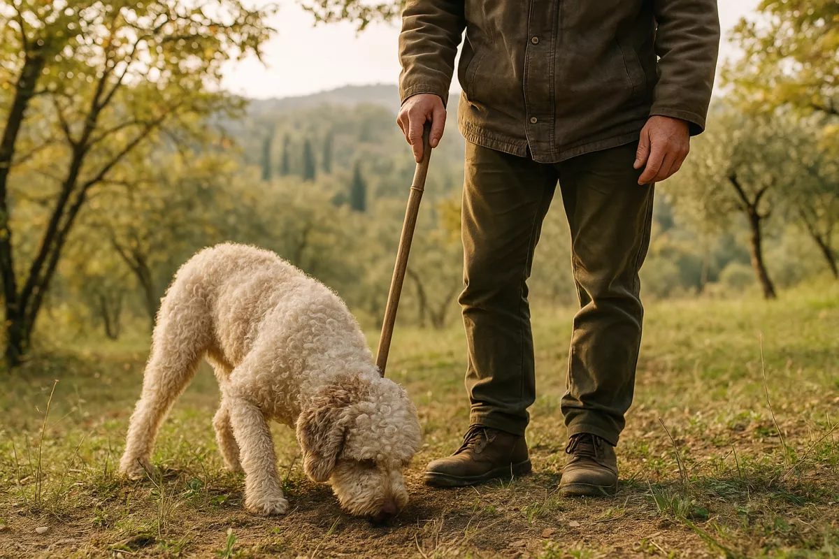 Truffle hunting in Tuscany at Podere Settefrati farmhouse with a truffle dog and guide in the countryside